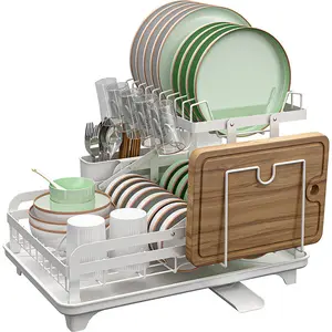 Yeni gelen 2 Tier bulaşık kurutma rafı ücretsiz yüklü Metal bulaşıklık yemekleri için otomatik drenaj mutfak depolama organizatör eşyaları
