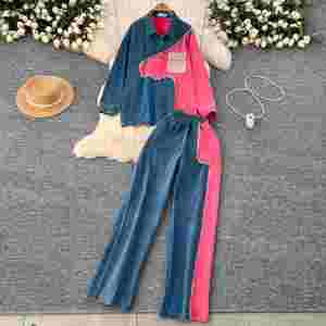 Ensemble décontracté vintage pour femme : haut ample et pantalon de jogging en jean tissé taille haute à blocs de couleur – Vente en gros - Product Image 3