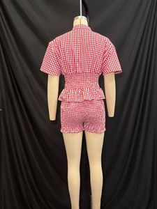 2025 estate nuovo vestito da donna rosso Plaid a maniche corte con collo corto e Shorts a vita alta 2 pezzi - Product Image 3