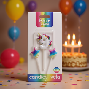 Bougies d'anniversaire licorne Party Love, lot de 3 avec étoiles pour décorations de gâteaux - Product Image 3