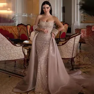 فستان سهرة عربي فاخر بتصميم حورية البحر المصنوع من الشمبانيا مع تنورة أنيقة موديل 2024 مناسب لحفلات الزفاف للسيدات في دبي SZ168