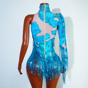 Combinaison sexy turquoise à franges de sequins, asymétrique à une manche, pour la danse Samba, la danse latine, les spectacles sur scène, les vidéos musicales, les costumes de Drag Queen - Product Image 3