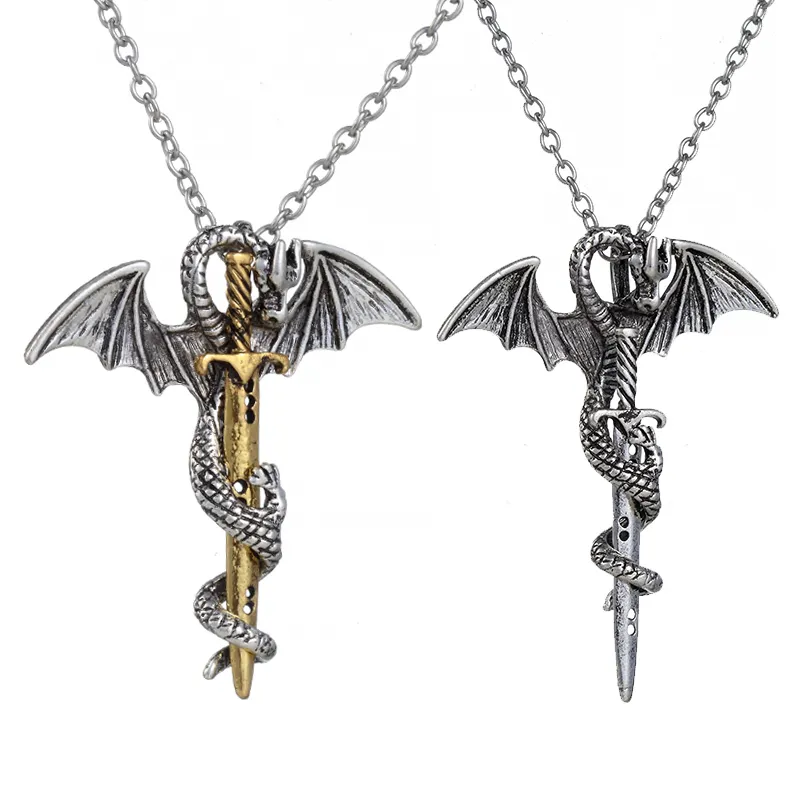 Fashion Vintage Charm Pterosaurs Sword Necklace Flying Dragon With Wings Rolled Sword Cross Punk Necklace Jewelry Men Women