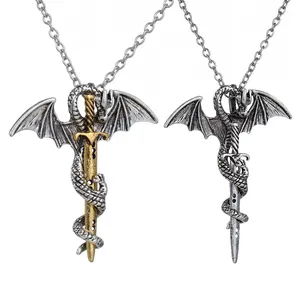 Fashion Vintage Charm Pterosaurs Sword Necklace Flying Dragon With Wings Rolled Sword Cross Punk Necklace Jewelry Men Women