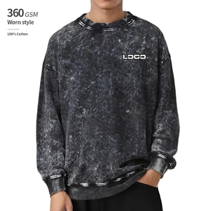 Sudadera con cuello redondo y logotipo personalizado, 360 GSM, 100% algodón, lavado ácido, forro de rizo negro con efecto copo de nieve, larga y extragrande, para otoño - Product Image 1