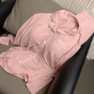 Venta al por mayor de pijamas clásicos de poliéster Modal de las mujeres de manga larga transpirable de punto Casual sujetador almohadilla de dos piezas ropa de casa de primavera - Product Image 3