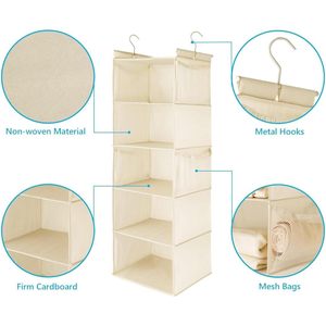 5 <b>Shelf</b> Hanging Closet Organizer Beige Foldable With Side Pockets For Bedroom Storage - Product Image 5