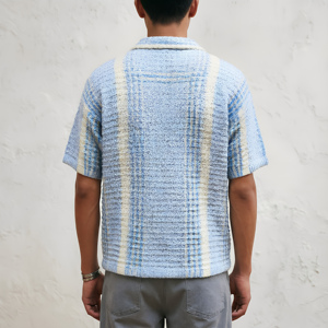 Suéter de punto abierto de algodón 100% personalizado al por mayor, camisa de malla de verano y primavera, prendas de punto a rayas de manga corta, OEM de alta calidad - Product Image 2