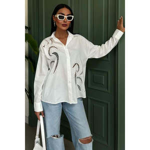Camisa Bordada Sobe para Mujer, Popelina, Estilo Minimalista, Cierre de Botones, Uso Diario, Blanca y Negra - Product Image 5
