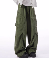 Pantalon Cargo Homme Olive Oversize Ample Coupe Ballon Jambe Large Taille Haute Poches à Rabat Angulaires Plissé Streetwear Vente en Gros