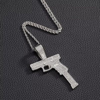 RENQING 3mm Corde Chaîne Full Bling Rhinestone et Alliage Hip Hop Handgun Shape Pendentif Collier