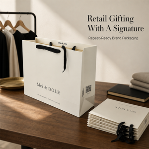 Bolsas de Papel Blancas Mei & <span class=keywords><strong>DOLE</strong></span> con Asas de Listón Negro, Logotipo Personalizado, Marca Privada, Embalaje al por Mayor y al Detal - Product Image 6