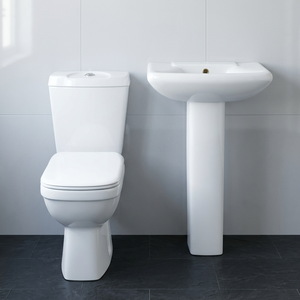 Ensemble de salle de bain carré en céramique deux pièces avec WC, réservoir, abattant et lavabo sur pied – Inde - Product Image 3