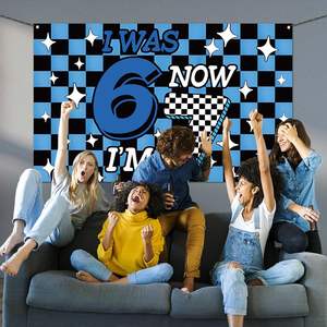 Decorazioni per Festa di Compleanno 6-7 Anni, Sfondo Blu a Quadretti 'Io avevo 6 anni, ora ho 7', Banner per Photo Booth, Sfondo per Aula Scolastica - Product Image 5