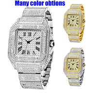 Reloj Cuadrado Iced Diamond para Hombre, Estilo Hip Hop de Lujo, Completamente Adornado con Circonitas Cúbicas, Cristal de Cuarzo Resistente al Agua, Esfera Plateada con Números Romanos