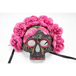高品质塑料定制国防部派对面具，带织物花，用于死亡日荣誉活动Dia de Muertos & 所有狂欢节