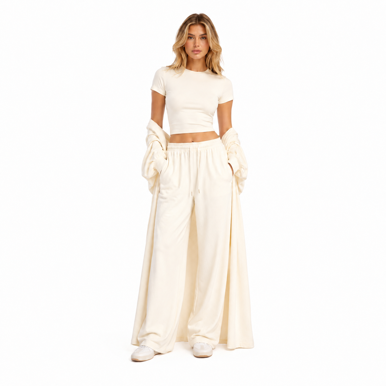 Cozy Knit 3 Piece Lounge Set Women Long Cardigan Ribbed Crop Top And High Waist Wide Leg Pants Set Soft Homewear