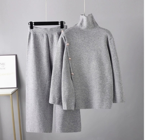 Pull col roulé en maille fendue <span class=keywords><strong>MULU</strong></span>, pull col roulé uni pour femme, pantalon large décontracté thermique anti-rides pour l'hiver, deux pièces, 440g - Product Image 4