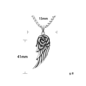 <b>Titanium</b> Steel Angel Wing Pendant With Rose Design Men's Necklace Everyday Wear Retro Style 19002 - Product Image 5