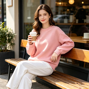 Knitted Solid Color Autumn Casual Breathable Long Sleeve Custom Logo Unisex Pink Crew Neck Sweatshirt 100% Cotton <b>Women</b> <b>Tops</b> - Product Image 4