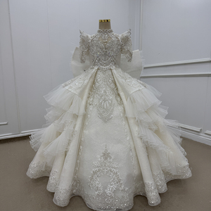 Jancemebr WN1804 Vestido de niña de las flores de manga larga con cuello alto y cuentas, vestido de princesa hinchado de tul con volantes hasta el suelo 100% - Product Image 3