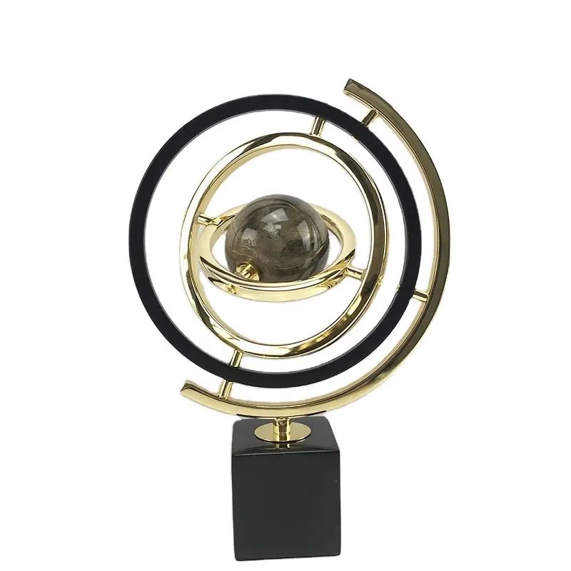 Modern Abstract Metal Black And Gold Globe Ornament Sculpture Decor With Rectangle Stand