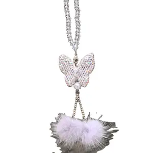 Butterfly mink fur ball crystal car rearview mirror pendant accessories