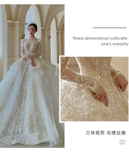 Vestido de novia de manga larga Nueva novia Francés Retro Ligero Nicho de lujo Alta gama Senior <span class=keywords><strong>Brigade</strong></span> Shot Big Trail Main Yarn - Product Image 5