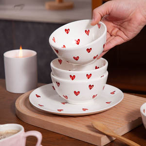 Ensemble de bols et assiettes en céramique en forme de cœur, 20,5 cm, vaisselle ronde pour la cuisine, décoration de la maison, cadeau printemps 2024 - Product Image 4
