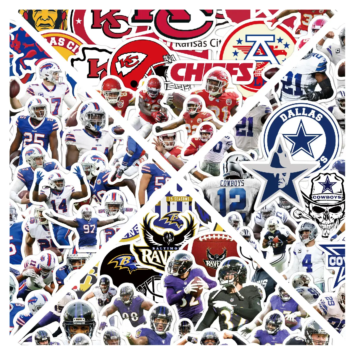 50 PCS American Football Buffalo Bills Master Chief Dallas Cowboy Rugby NFL Stickers For Water Bottle Laptop Bicycle Skateboard