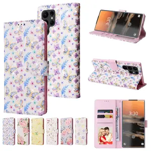 For Samsung Galaxy S24 Ultra Printed Flower Pattern PU Leather Case, Flip PU Leather Wallet Cover For S24 Plus
