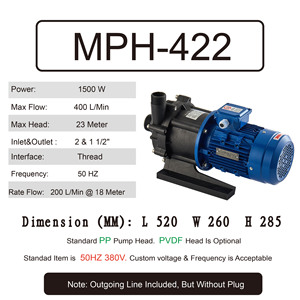 MPH-422 2HP Magnetic Circulating <b>Pump</b> with PP Head High Power 380V 400 L/min 23Meter Salty Sea <b>Water</b> Chemical Boat <b>Pump</b> - Product Image 6
