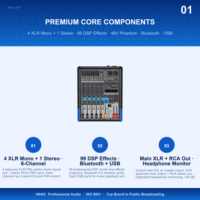 Console de mixage analogique 6 canaux HK-GI2006 avec 99 effets DSP, réverbération, Bluetooth, USB, égaliseur 3 bandes et écran rétroéclairé pour podcast, scène, bar, conférence, petite salle