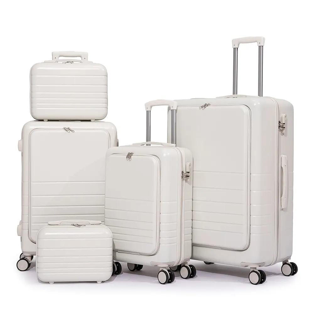 ABS set bagasi perjalanan PC Putih, koper terbuka depan 5 buah dengan roda Spinner