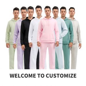 Supplier Tracksuits 2Pcs Set 320G 85 Cotton 15 Polyester Lights Green <b>Blank</b> Heavy <b>Weight</b> Sweatpants and Hoodie Set for Sports - Product Image 2