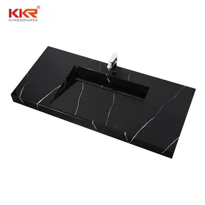 Wholesale Solid Surface Luxury Black Marble Stone Sink Artificial Stone Wash Basin Wall-mounted Hand Washing Sink