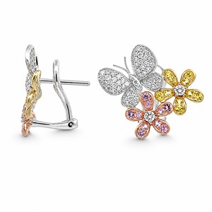 Pendientes de Botón con Diseño de Flor de Mariposa, Oro Blanco de 18K, Gemas Rosas y Amarillas, Diamantes Blancos, Joyería Natural y Linda para Mujer - Product Image 3