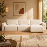 Canapé modulaire en crème en forme de L avec chaise longue, assise profonde, style bouclé, tissu, pour salon, appartement, hôtel