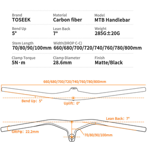 Guidon de <span class=keywords><strong>VTT</strong></span> TOSEEK en carbone T800, guidon intégré avec potence -17 degrés, forme plate, diamètre 28,6 mm, guidon de vélo de montagne 260 g OEM - Product Image 2