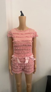 Viviblook Z802ST Sweet Spice Girl en bois oreille côté évider à bretelles Camisole débardeur femmes été dentelle Pom Shorts 2 pièces - Product Image 6