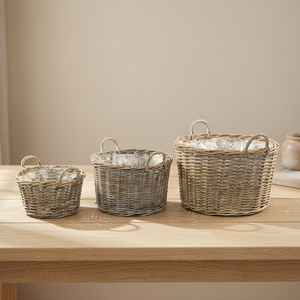 High Quality Rattan Wicker Laundry <b>Basket</b> with Plastic Lining Inside Grey Rattan Kubu Round Shape From Indonesia - Product Image 2