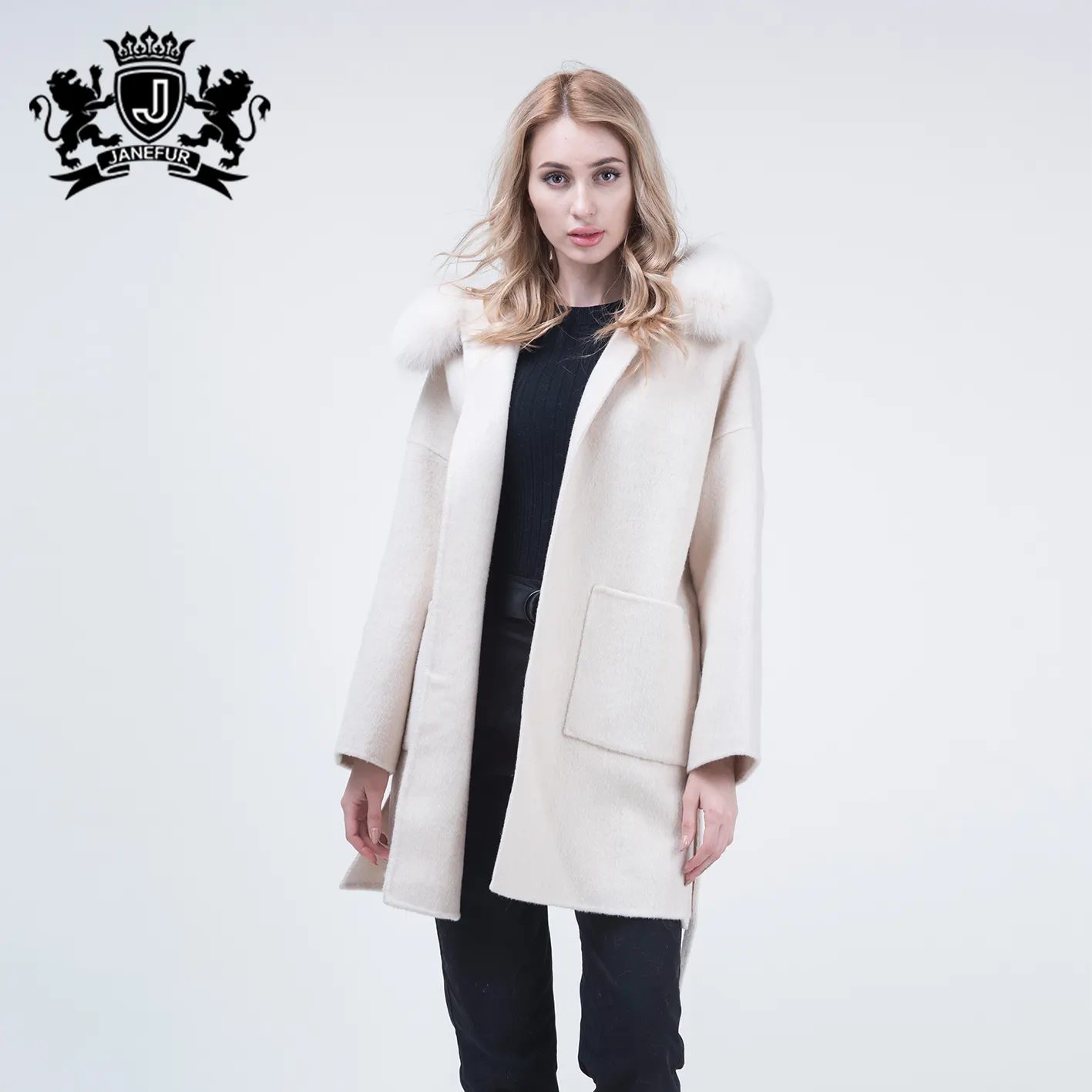 Janefur Bán Buôn Sang Trọng Cashmere Coat Mùa Đông Ấm Áp Đôi Mặt Phụ Nữ Trẻ Len Coat Với Fox Fur