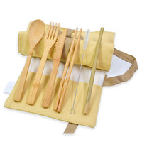 Conjunto de utensílio de jantar de bambu, faca/garfo/colher, talheres de viagem, com bolsa personalizada