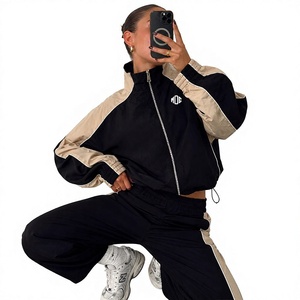Custom Women Cropped Track <b>Jackets</b> <b>Lightweight</b> Contrast Panel Windbreaker Tracksuit Zipper Front Stand Collar OEM <b>Jacket</b> for men - Product Image 3