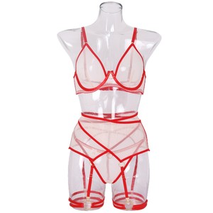 Fierce 2026 Nuovo Set di Lingerie Sexy per Donne, Rosso e Trasparente con Cinturini e Accessori Dorati, Polsini Regolabili per le Gambe - Product Image 5