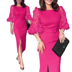 Robe élégante pour femmes, fine, <span class=keywords><strong>rose</strong></span>, automne, à pois, appliquée, manches lanternes en maille, cintrée à la taille, robe de bureau pour femmes - Product Image 6