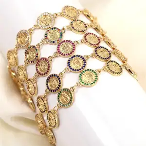Vintage Gold Plated Jewelry Copper Virgin Mary Bracelet Design Brass Zircon Virgin Of Guadalupe Bracelets Women