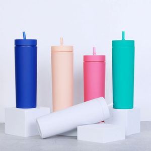 Gobelet isotherme réutilisable en acrylique double paroi de 16 oz, coloré, pastel, semi-mat, avec couvercle et paille - Product Image 1