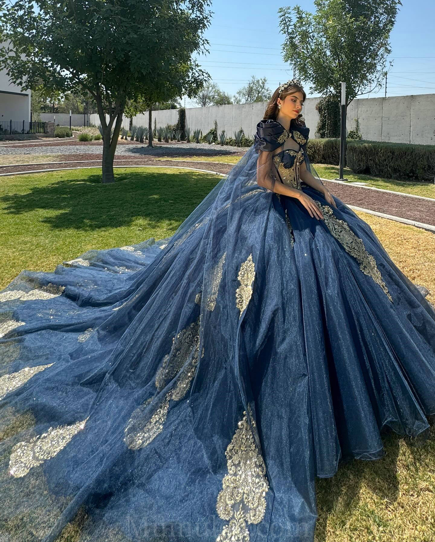 gold navy blue dress Long Sleeveless with Applique by Elizabeth K GL2316 XS / Dazzle the room in this long sleeveless chiffon dress by Elizabeth K GL2316 Navy Knit Taffeta Midi Dress
