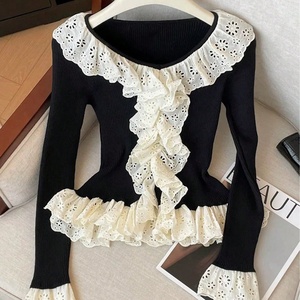 Maglione da Donna in Stile Francese Retrò, Casual Autunnale, Bicolore Nero e Bianco, con <span class=keywords><strong>Pizzo</strong></span> e Volant, Antirughe, Vestibilità Slim - Product Image 6